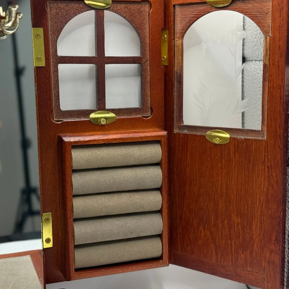Vintage Wooden Jewelry Armoire Tabletop Chest 4 Drawers Etched Glass Carousel - Picture 6 of 16